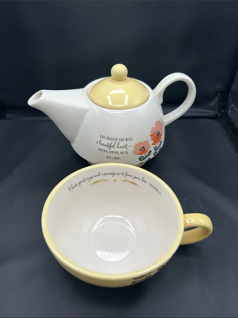 EUC DaySpring Tea for One Set Teapot & Cup Philemon 1:7 Yellow Floral
